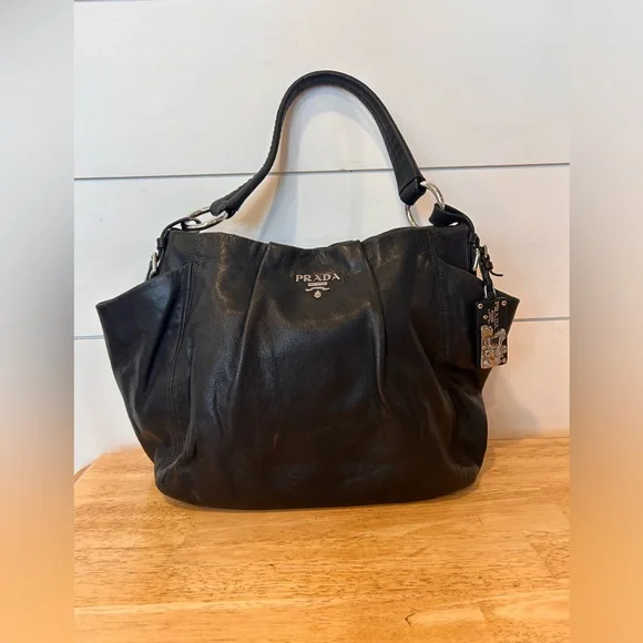 Authentic Prada black with silver accents leather Hobo bag with side pockets - Picture 1 of 16